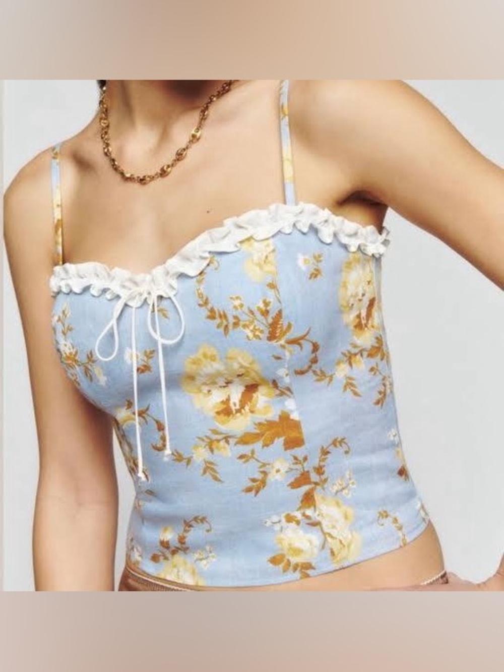 Reformation Skylar Floral Linen Bustier Camisole Top Heavenly Blue 12 EUC
